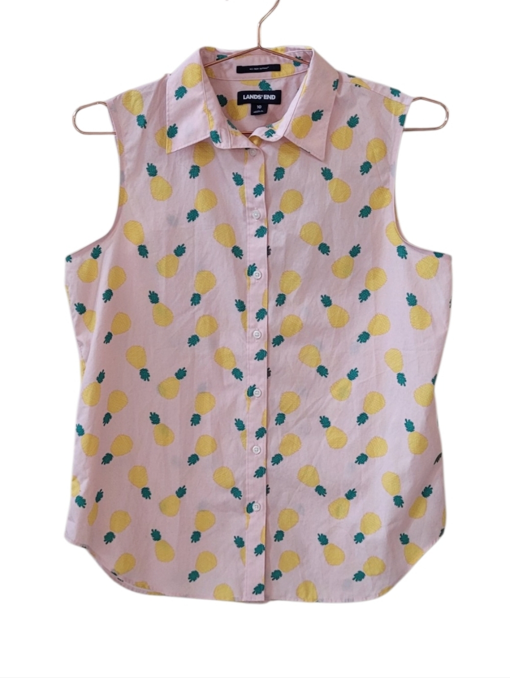 LANDS' END Pink Pineapple No Iron Supima Button Front Sleeveless Top Size 10